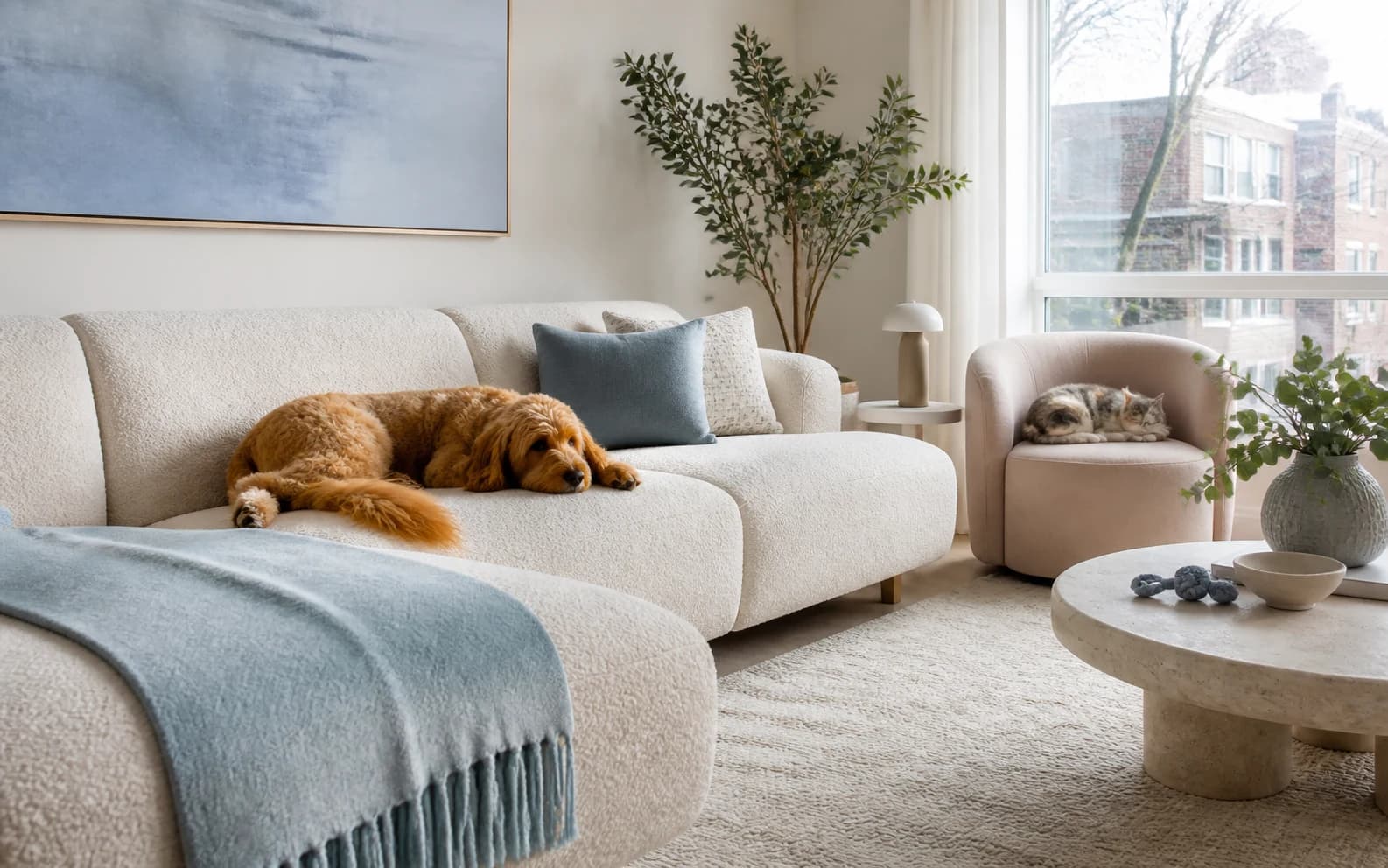 A dog rests on a clean cream sectional while a cat curls up in a blush armchair in a carefully kept living room