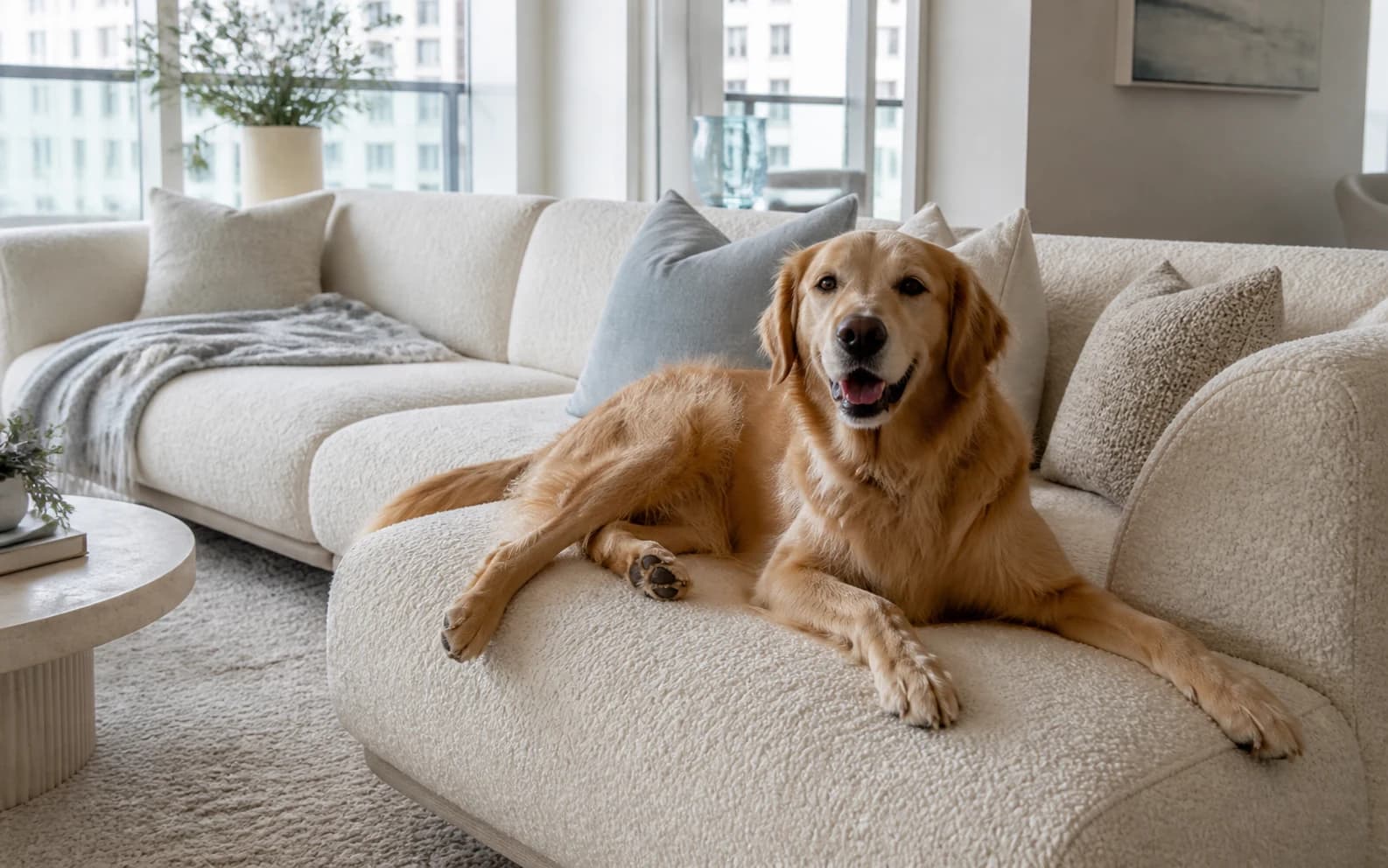 A relaxed golden retriever stretches across its favourite seat on a cream boucle sectional