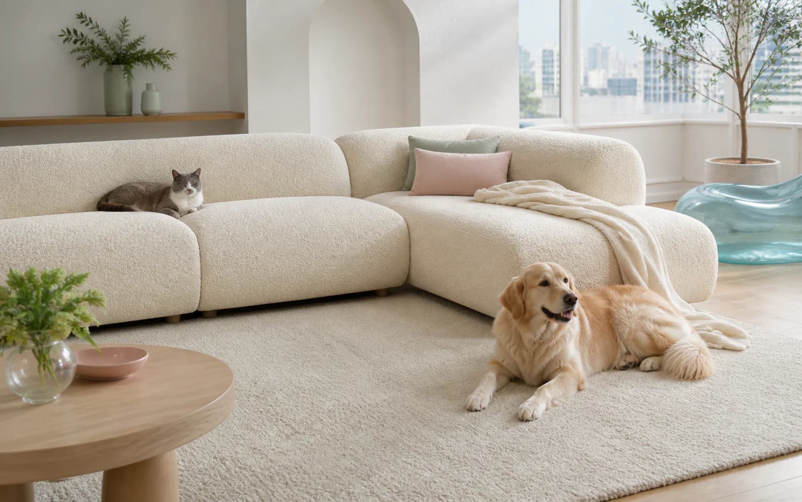 A calm dog rests on a pale wool rug while a cat curls up on a cream boucle sectional in a bright Toronto-style living room