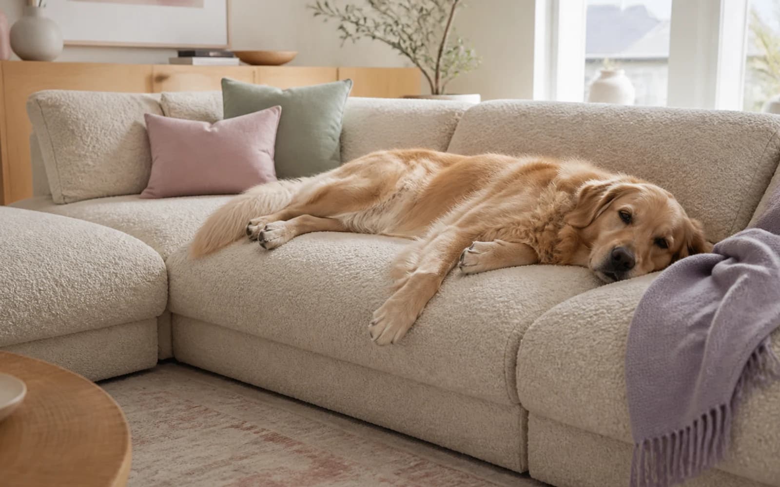 A relaxed golden retriever stretches across its everyday place on a cream boucle sectional