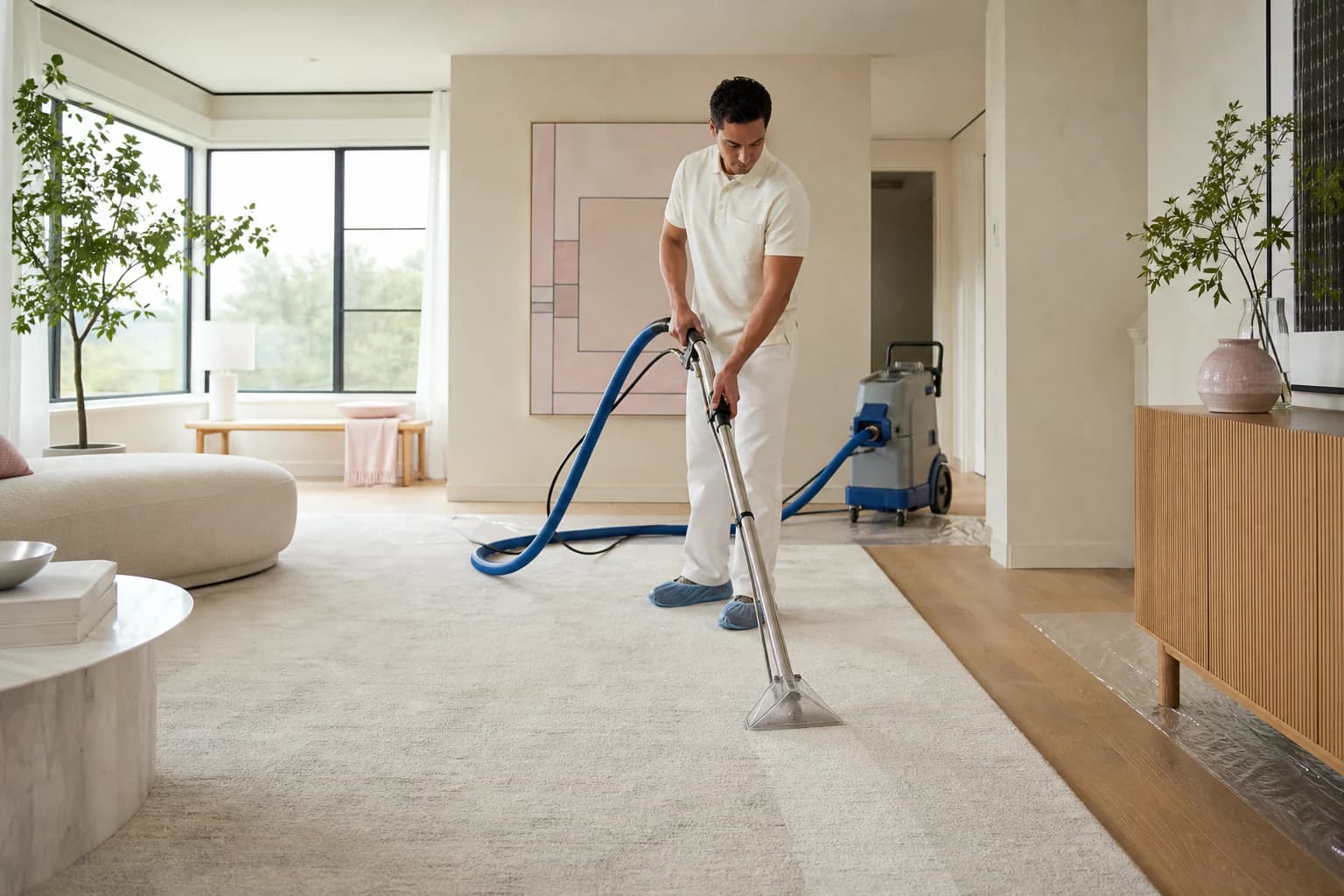 Professional technician using an extraction wand on a pale wool rug in a bright living room